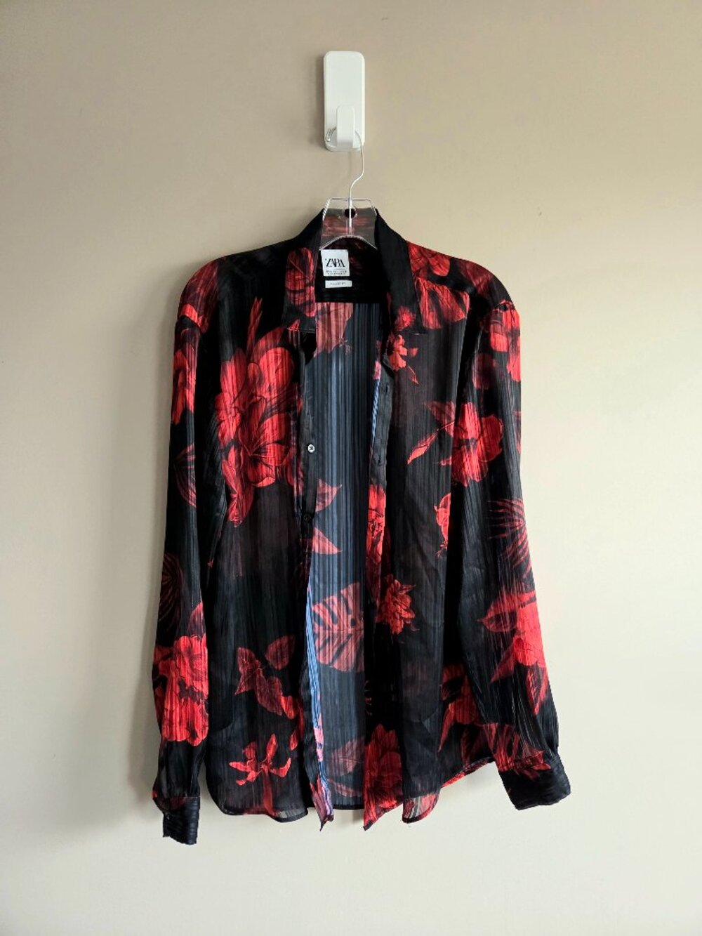 Semi-Sheer Black and Red Floral Button-Up Shirt